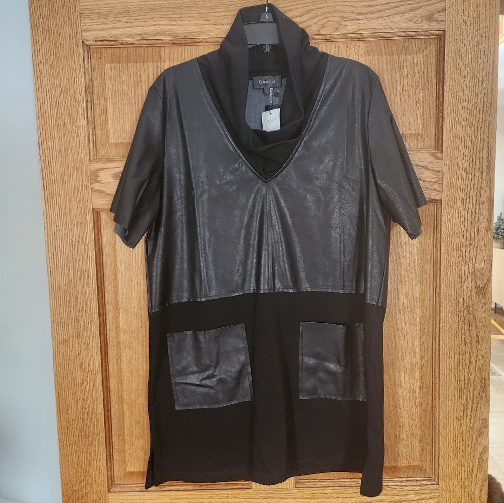 NWT Gracia black dress or tunic with faux leather sz Large